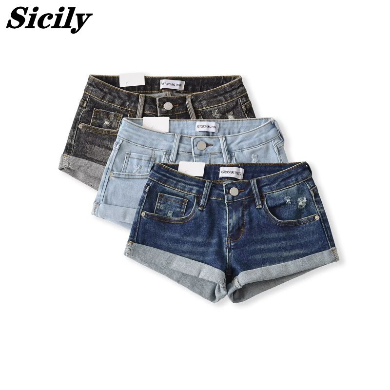 Sicily Low-Waist Whiskered Hem Denim Shorts for Women, Summer European and American Style, ins Hot Girl Tight-Fitting Hip-Hugging Hot Pants Trend Sicily Low-Waist Whiskered Hem Denim Shorts for Women, Summer European and American Style, ins Hot Girl Tight-Fitting Hip-Hugging Hot Pants Trend