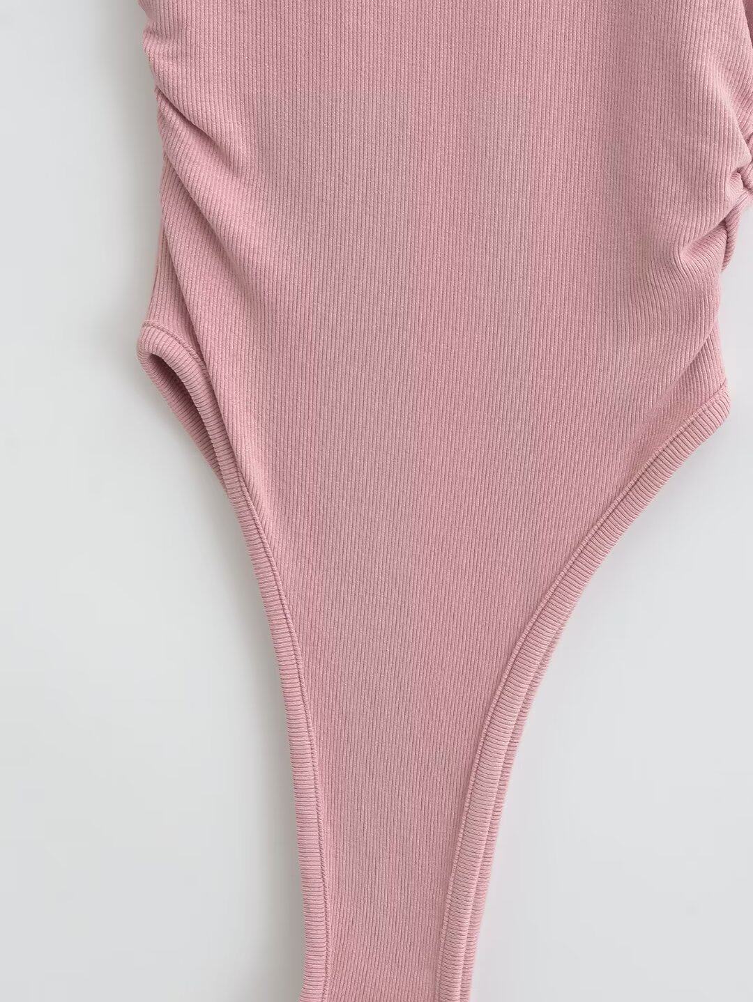 Боди/брюки 西西里 美式辣妹小圆领褶皱连体衣短袖t恤女紧身弹力内搭连身上衣