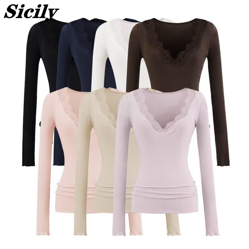 Sicily Pure Desire Sweet and Spicy V-Neck Lace Long Sleeve T-Shirt for Women, Autumn European and American Style Slim Fit Base Shirt Top