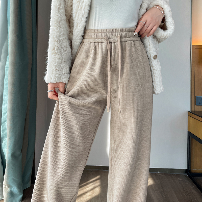 Chenille narrow version wide-legged pants woman autumn winter 2023 new autumn style oat oat color plus suede knitted imitation cashmere sticky rice pants-Taobao