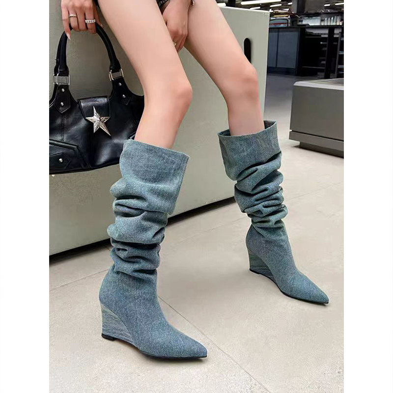 European and American Style Pointed Toe Wedge High Heels, Large Cuff Pleated Stacked Boots, French High Heels, Slimming Over-The-Knee Long Boots for Women