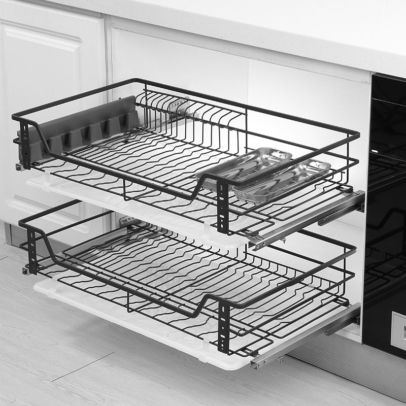 Natong kitchen cabinet pull basket 304 stainless steel double buffer drawer kitchen cabinet seasoning basket rack dishes bowl basket