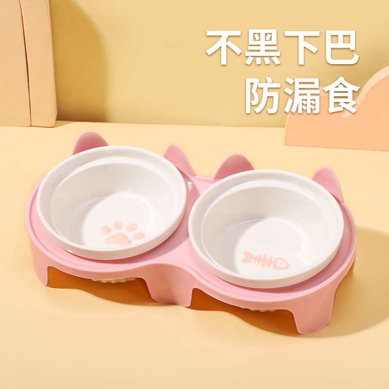 Cat Bowl Ceramic Cat Food Basin Kitty Bowl Pet Inclined to protect the cervical spine Anti-overturn double bowl drink water to feed the body-Taobao