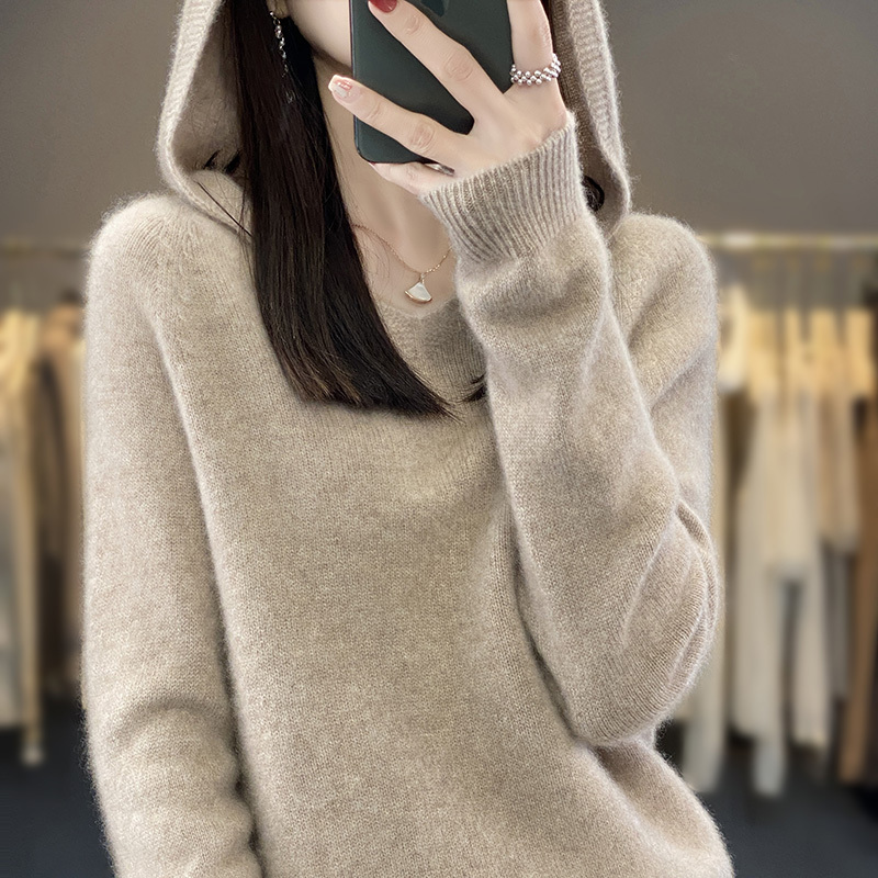 New Autumn and Winter One-Piece Wool Hoodie for Women, Loose Hooded Knitted Sweater, Inner Layer Hooded Top