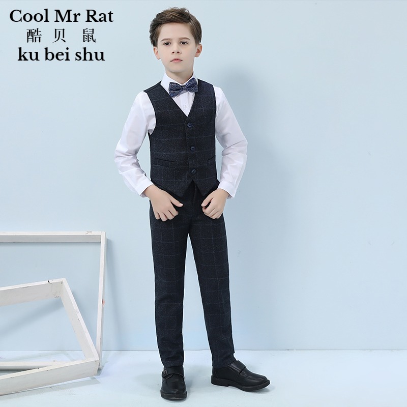 Boy's waistcoat grid child presenter plays out to boy florist piano to perform Korean version suit gown