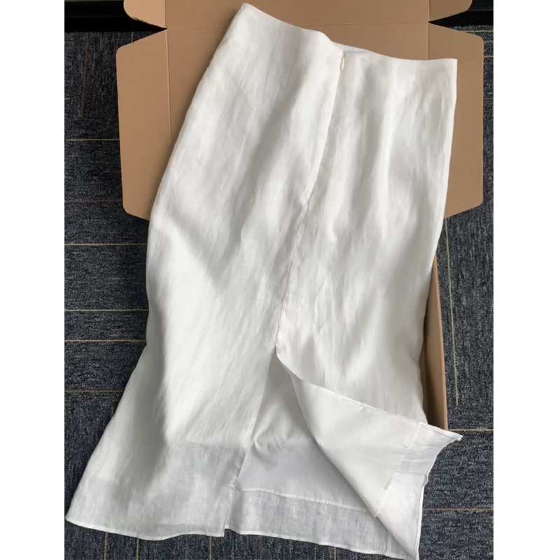 White Linen Midi Skirt, Long, Thin Summer Style, 2026 New Model, Lazy Style, High Waist, Slimming, Slit A-Line Skirt for Women