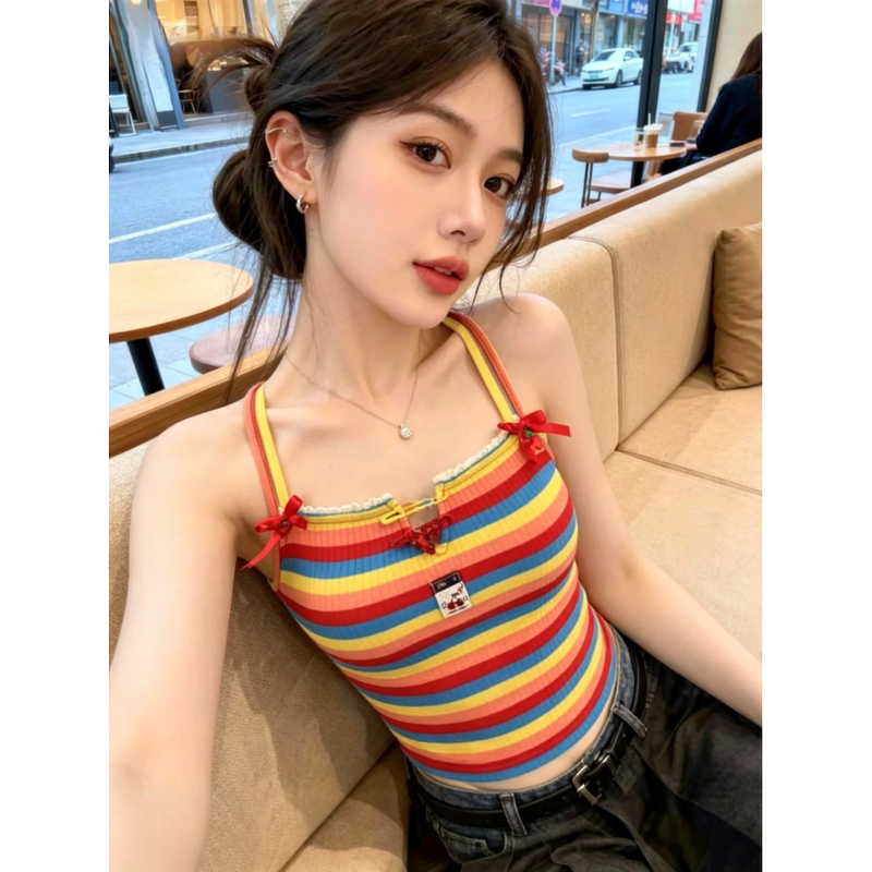 My Personal Favorite Recommendation~ Dopamine Rainbow Striped Camisole for Women, Summer Youthful Short Top with Beautiful Back Design