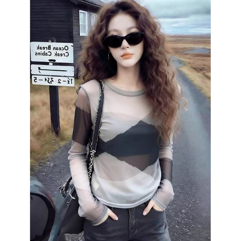 Recommended Bestseller~ Hong Kong Style Fashion Tie-Dye Long-Sleeve Sun Protection T-Shirt for Women, Thin and Slightly Sheer Mesh Top for Summer