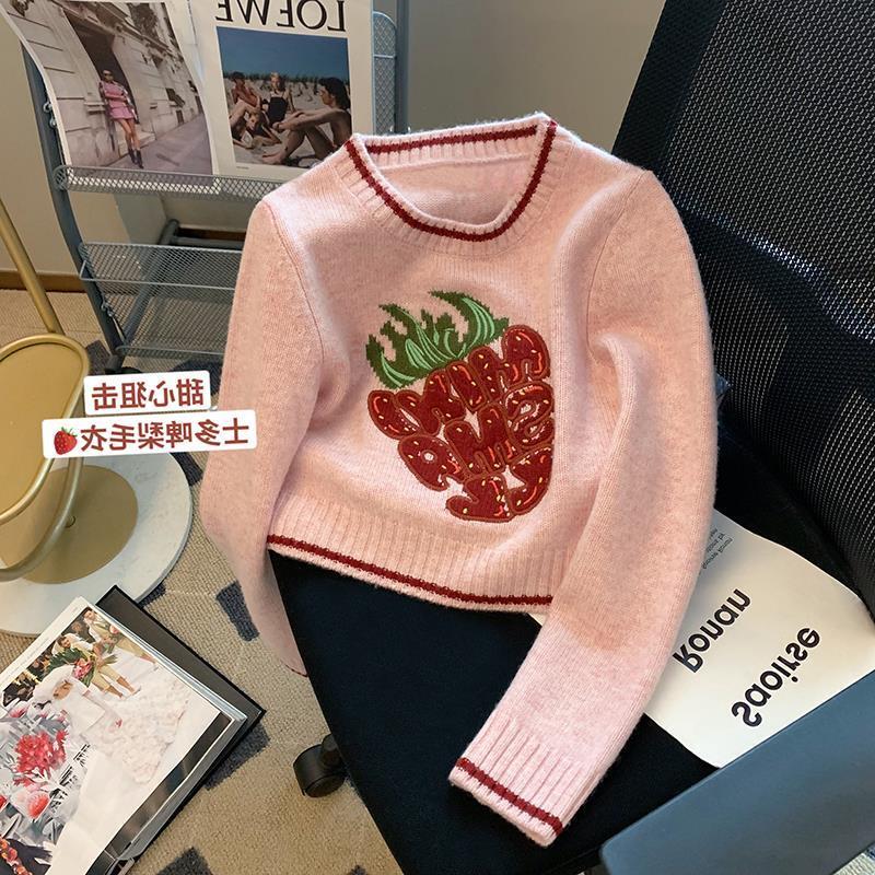 It's Incredibly Attractive at First Glance! Pink Cute Strawberry Knit Sweater for Women, Sweet and Age-Reducing Short Sweater for Autumn and Winter