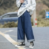 Японские осенние штаны, синие прямые свободные джинсы, оверсайз, размер