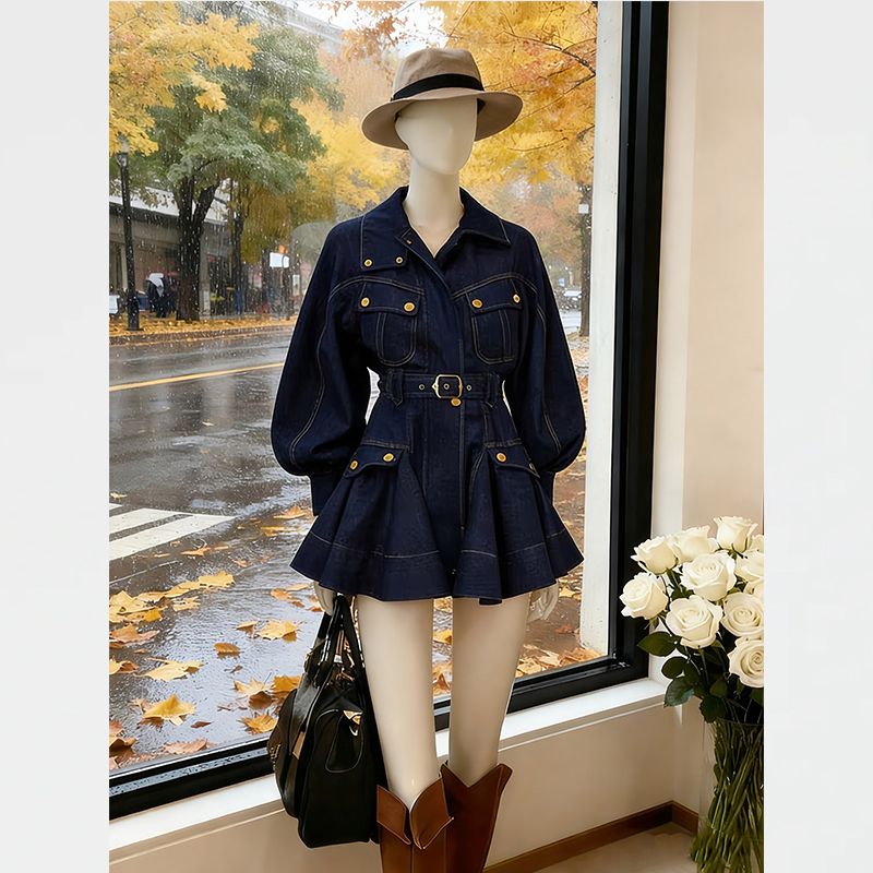 Retro Workwear Style Denim Dress for Women 2026 Spring & Fall Waist-Cinching Metal Buckle Decorated Puffy Skirt Fashionable and Slimming Look