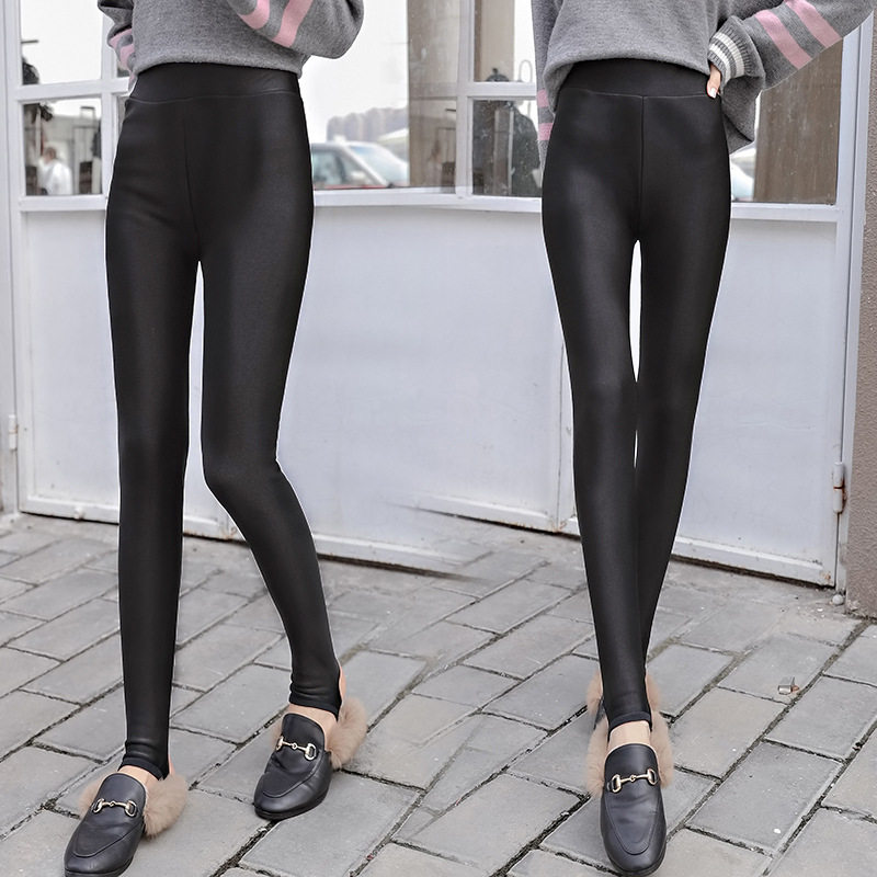 高档光泽裤2019秋冬季新款打底裤女外穿加绒高腰大码胖mm加肥加大