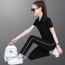 Middle-aged mother summer dress neck top two-piece set 30-year-old 40 fashion age-old leisure sports suit women