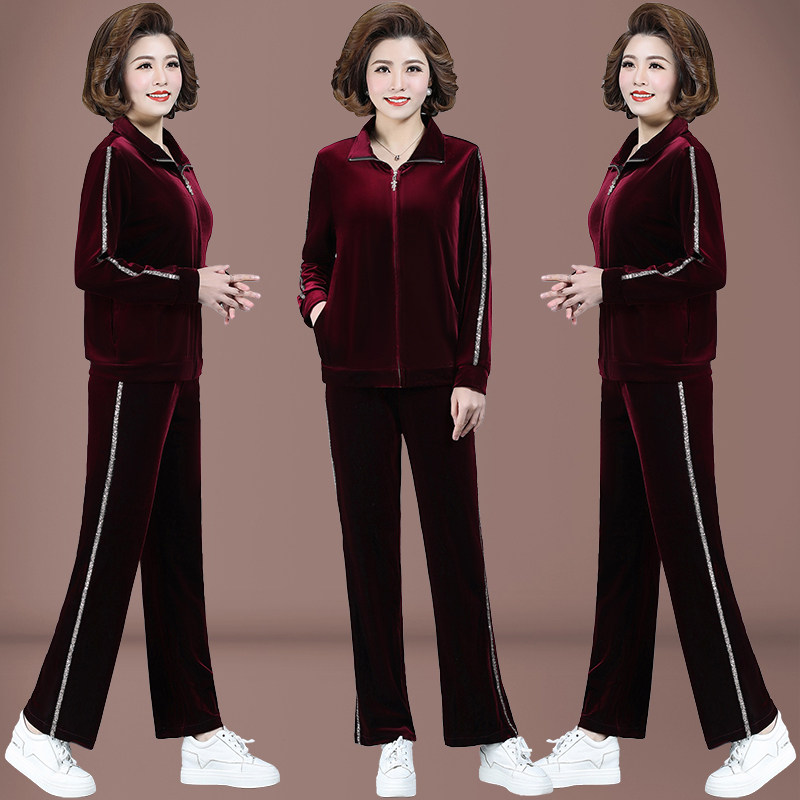 Mother's autumn coat 2020 new middle-aged and elderly sports suit women's spring and autumn foreign style middle-aged gold velvet two-piece set