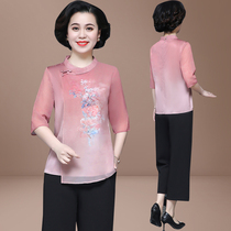 Mom summer costume piece Chinese style shirt short sleeve middle-aged womens clothing suit Western style middle-aged blouse