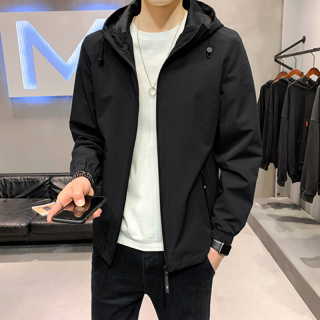 Hooded jacket men's jacket ins trend autumn jacket gray windproof thin coat spring and autumn casual all-match