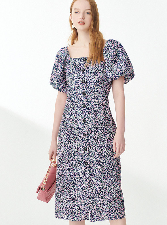 Spot Psalm 2021 Summer Lavender Purple French Square Neck Drop Sleeve Slim Dress 6C51205680