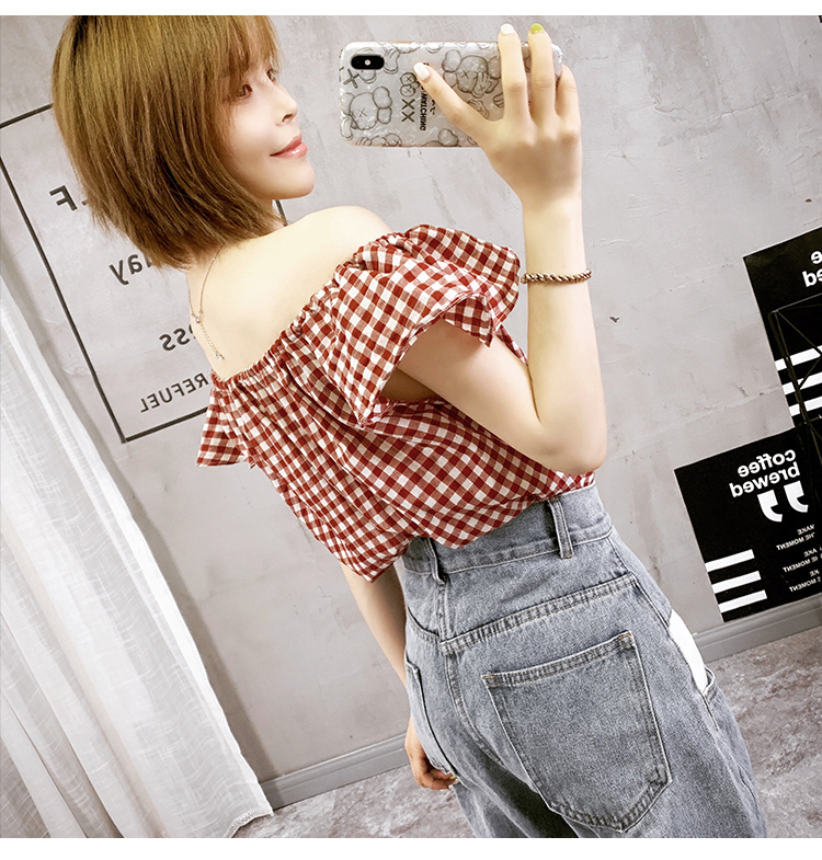 Áo nữ 2019 mới xù lên đỉnh tim máy kẻ sọc ngắn tay thiết kế ý nghĩa từ nhỏ vai nhỏ tươi mát - Áo sơ mi áo sơ mi nữ