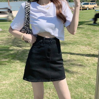 Black Stretch Denim Short Skirt for Women, 2025 High-Waisted A-Line Skirt for Petite Figures, Anti-Exposure Half Skirt for Autumn