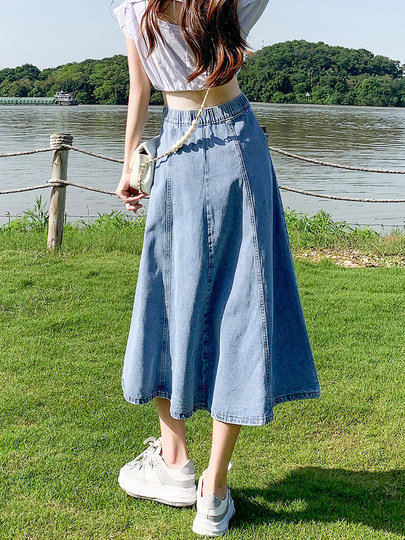 Denim umbrella skirt women's high waist mid-length pleated skirt A-line skirt autumn and winter 2025 new long skirt