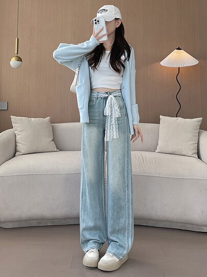 Washed Loose Wide-Leg Jeans for Women 2025 New Autumn and Winter High-Waisted Light-Colored Straight-Leg Petite Drapey Floor-Length Pants