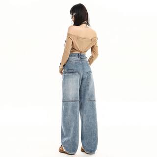 2026 New American Retro Wide-Leg Jeans for Women, High-Waisted, Loose Fit, Large Pockets, Slimming Straight-Leg Pants