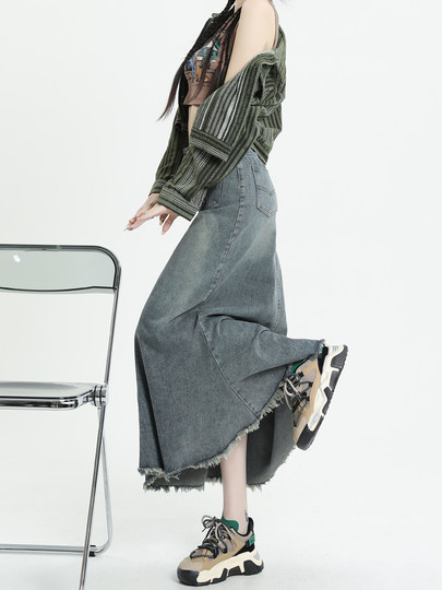 Retro Denim Fishtail Skirt for Women 2025 Autumn and Winter New High-Waisted A-Line Skirt Slimming Look and Hip-Covering Mid-Length Skirt