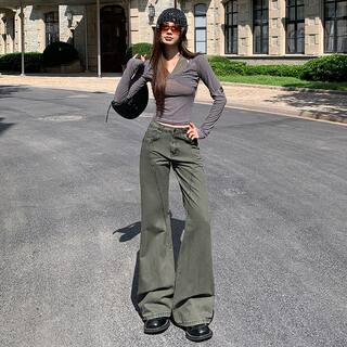 2026 New American-Style Workwear Military Green Flared Jeans for Women, High-Waisted, Loose-Fitting, Slimming Wide-Leg Floor-Length Pants