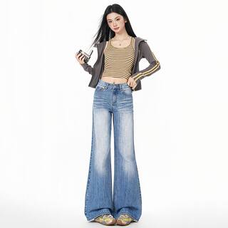 2026 Spring New American Retro High-Waisted Flared Jeans for Women, Loose Fit, Slimming, Floor-Length Pants, Hot Girl Style