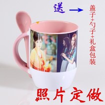 Custom creative couple gift can be printed photo picture ceramic Mark color change heated water cup with spoon