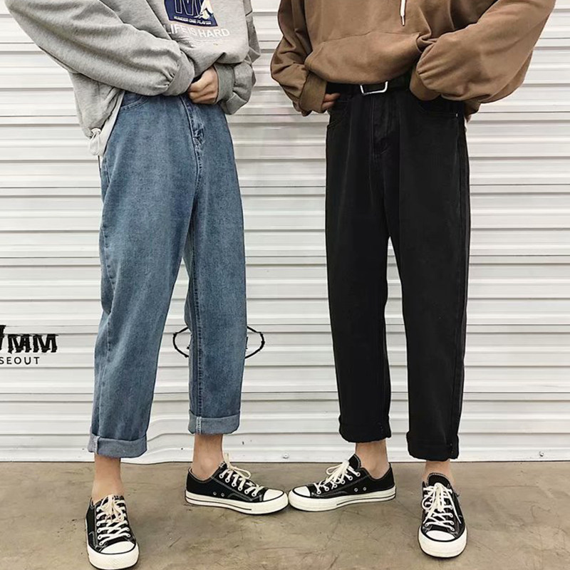 Hong Kong style Harajuku straight jeans women's summer Korean version loose dad nine-point pants trend couple wide-leg pants men