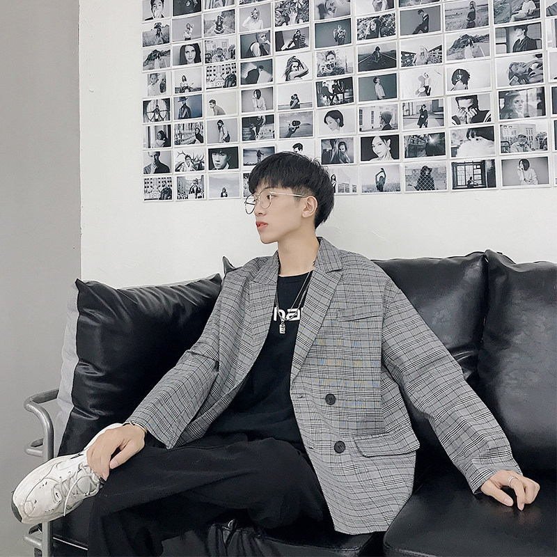 Hong Kong flavor autumn new chic temperament plaid small suit jacket male oversize loose casual handsome suit