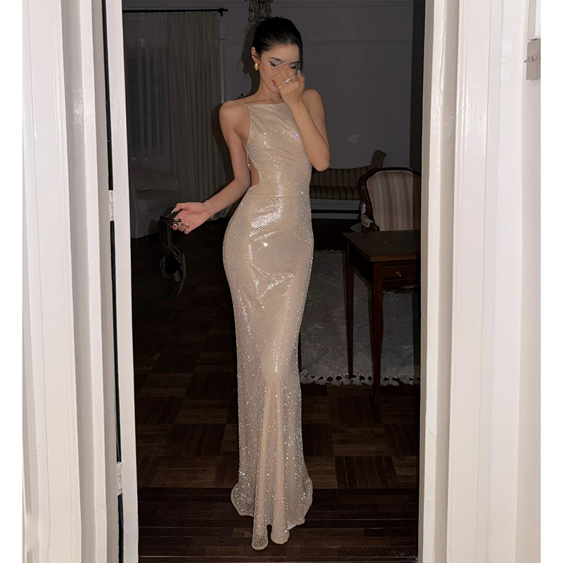 Goddess-Style Heavy-Duty Rhinestone Mesh Backless Slim-Fit Fishtail Dress, Elegant and Slimming Evening Gown Long Dress