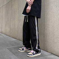 Casual Pants Male Spring Summer Tide Cards Loose Straight Drum Leather Pants Net Red Tug Pants Harbor Wind Striped Collage Sport Long Pants