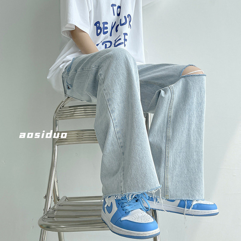 Ripped jeans boys spring/summer thin fashion brand loose straight leg versatile wide leg hong kong wind light color mop long pants