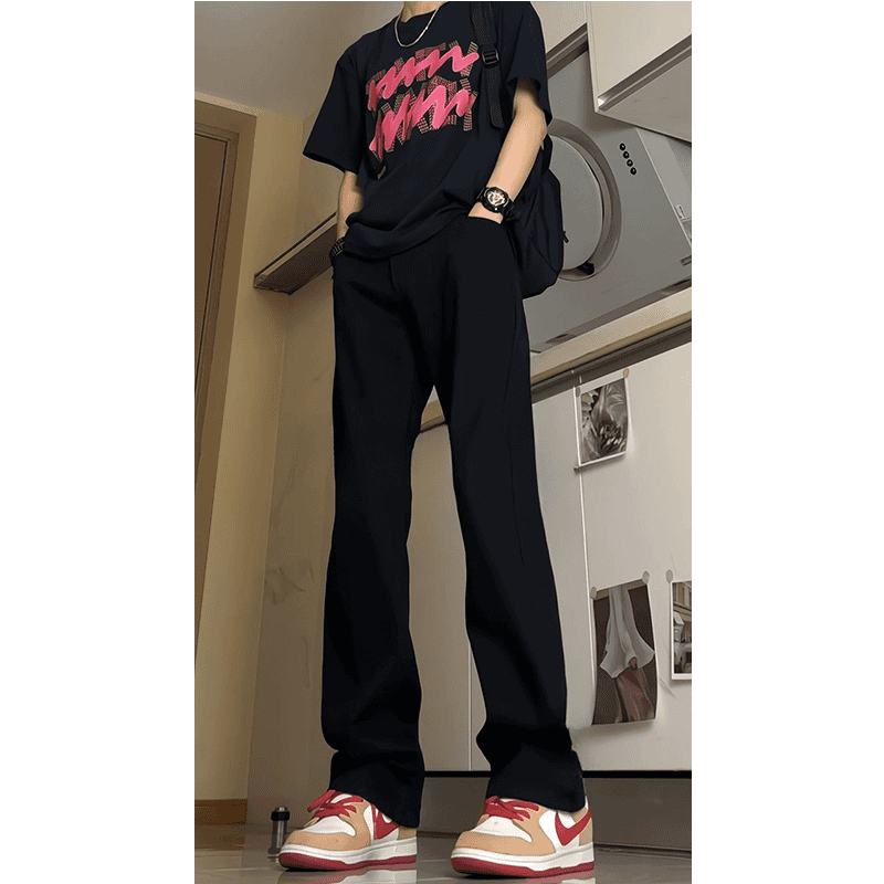 American Vibe High Street Slightly Stretchy Black Jeans for Men, Summer Straight-Leg Slimming Versatile Basic Casual Long Pants