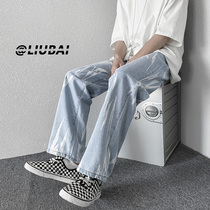 Straight Drum Jeans Mens Spring Autumn Season Tide Cards Loose Casual Zang Dyeing Printed Harbor Wind High Street Wide Leg Tug Pants