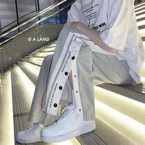 Row Buttons Casual Wear Pants Male spring Summer Chauffins Loose Stripes Collage Straight Drum Pants Harbor Wind Sports 90% Pants