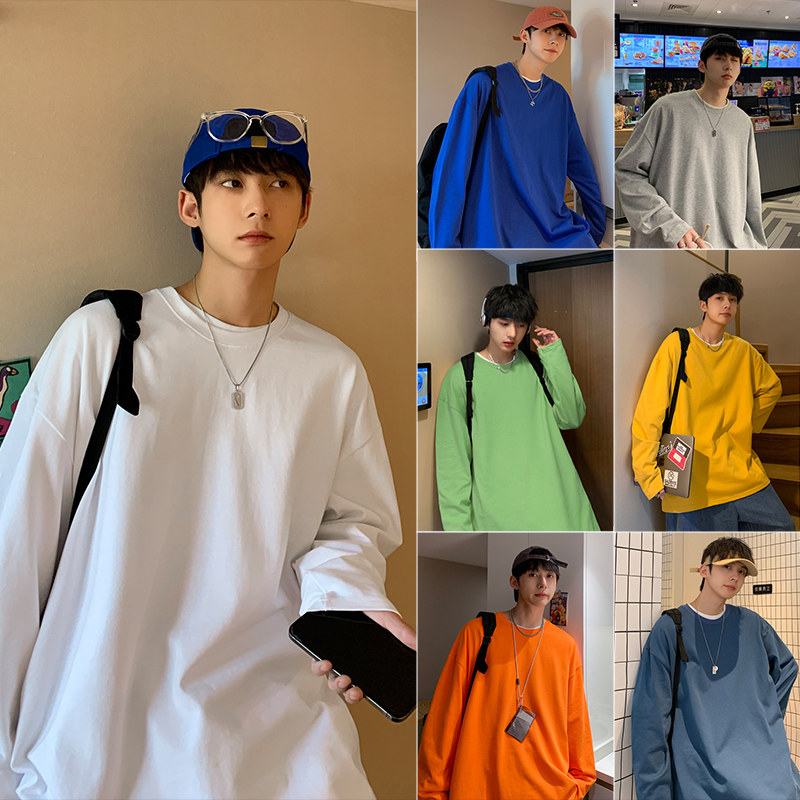 White long-sleeved t-shirt men's spring and autumn trendy brand loose round neck solid color handsome all-match Korean version of the bottoming t-shirt top