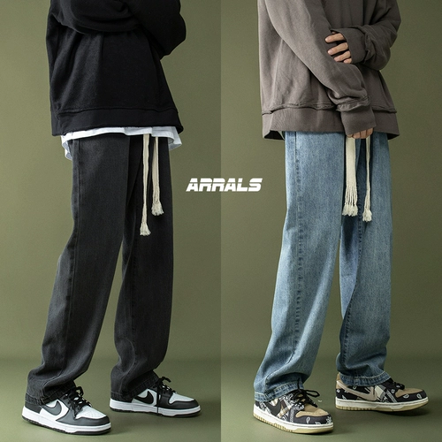 Джинсы для отдыха, штаны, в американском стиле, на шнурках, на резинке, оверсайз, свободный прямой крой