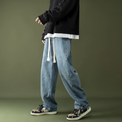 Джинсы для отдыха, штаны, в американском стиле, на шнурках, на резинке, оверсайз, свободный прямой крой