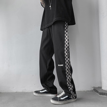 Chessboard Grid Casual Pants Male Korean Version Trend High Street Straight Drum Pants Port Craze Handsome 100 lap sports long pants