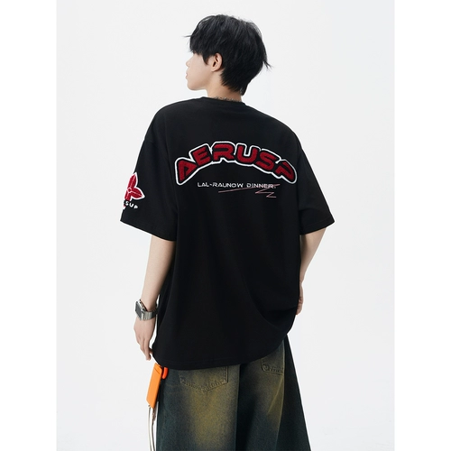 Бархатная дизайнерская летняя футболка с коротким рукавом, в американском стиле, тренд сезона, оверсайз