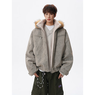 American Style Detachable Fur Collar Hooded Pu Leather Cotton Jacket for Men, Trendy Brand, Winter Fleece-Lined Cotton Coat, Loose, Thickened, Warm Outerwear