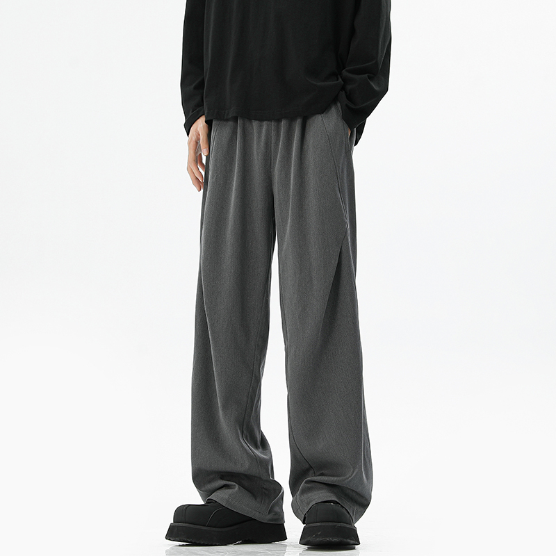 American-Style Gray Pleated Drape Dress Pants for Men, Trendy New Loose Fit Cleanfit Straight-Leg Wide-Leg Casual Long Trousers
