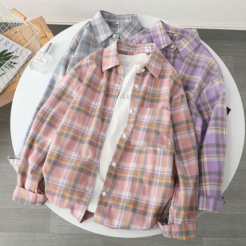 Girls' shirt jacket trendy ins spring and summer new Korean version of the student long-sleeved plaid cotton medium and large sunscreen consignment