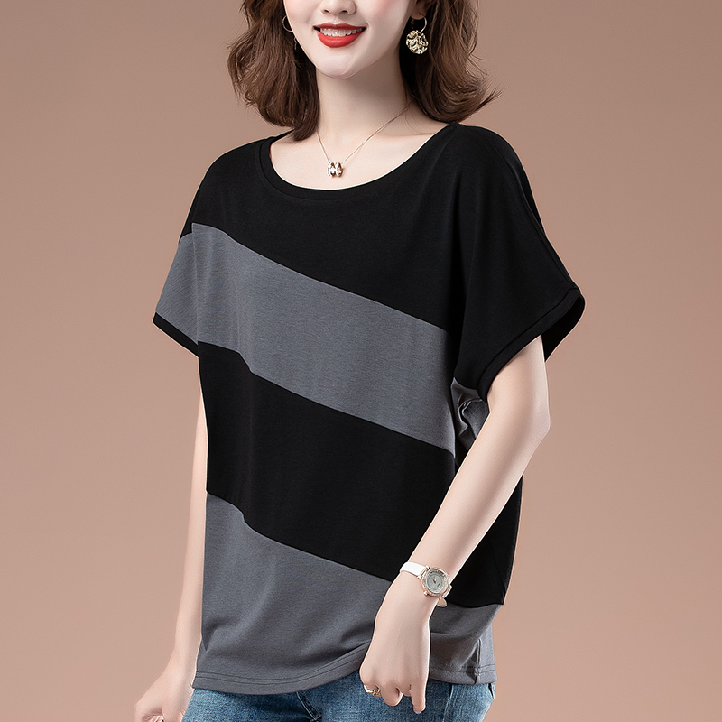 Middle-Aged Mother's Pure Cotton T-Shirt, Women's Short-Sleeved Summer Wear, Loose Large Size T-Shirt, Belly-Covering, Slimming, Striped Base Shirt