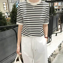 Counter brother new womens clothing mulberry silk 2024 summer loose striped short-sleeved T-shirt ice silk sweater top