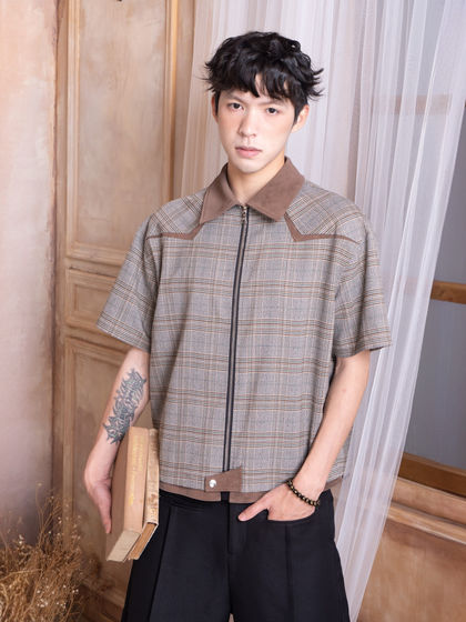 WESSK威尔士亲王千鸟格拼皮领解构短袖休闲衬衫短宽立体剪裁男女