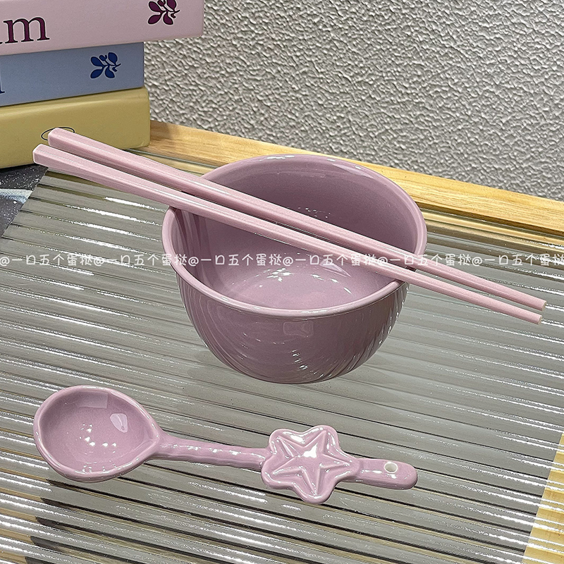 Purple Rice Bowl with Underglaze Color, Bowl, Spoon, Chopsticks Set, Cute Star Ceramic Soup Spoon, High Aesthetic Value, Single-Serving Set